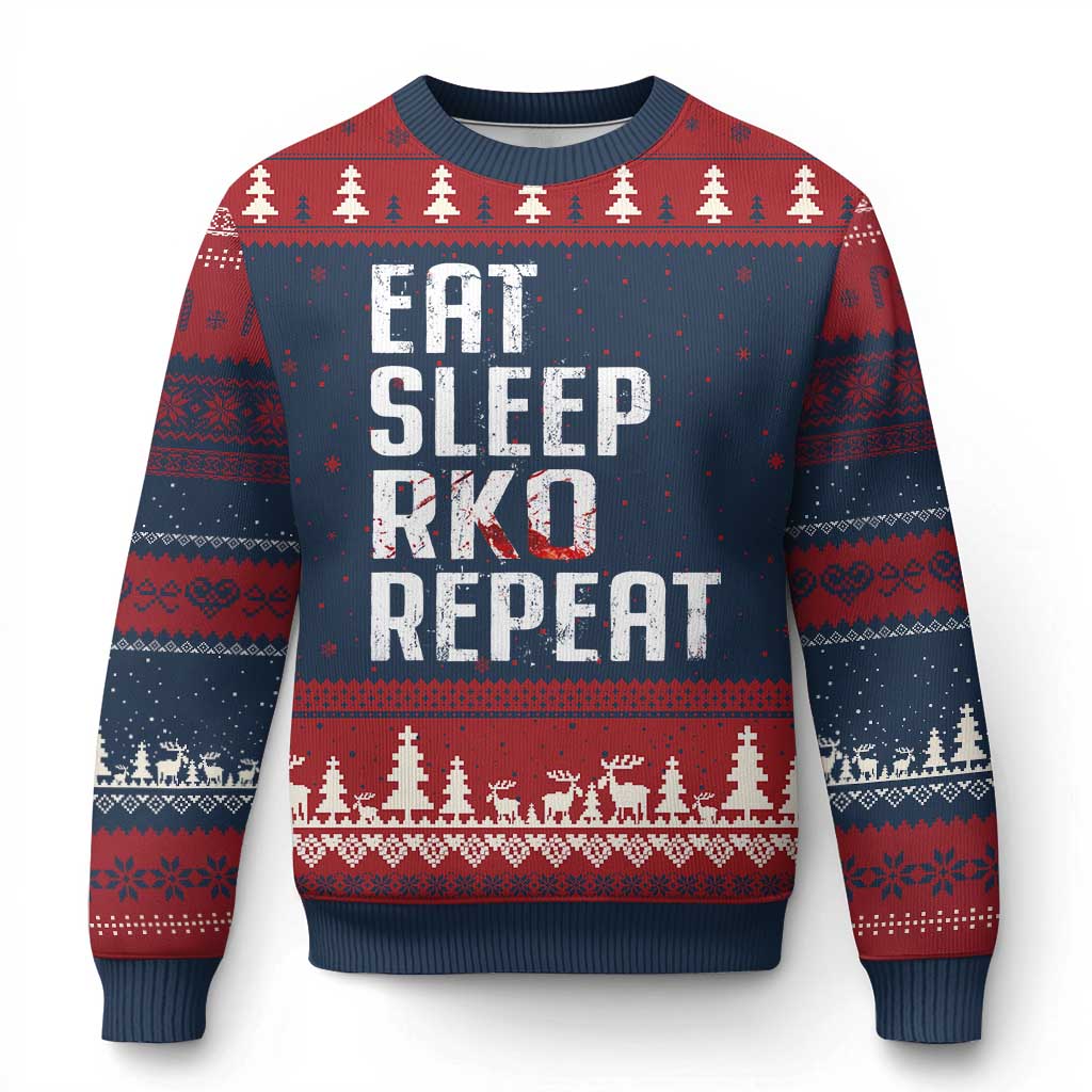 Eat Sleep RKO Repeat Ugly Christmas Sweater Blood Stained