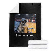 Basketball Raccoon I Live Here Now Throw Blanket Funny Trash Panda Drinking Iced Coffee Basketball Court