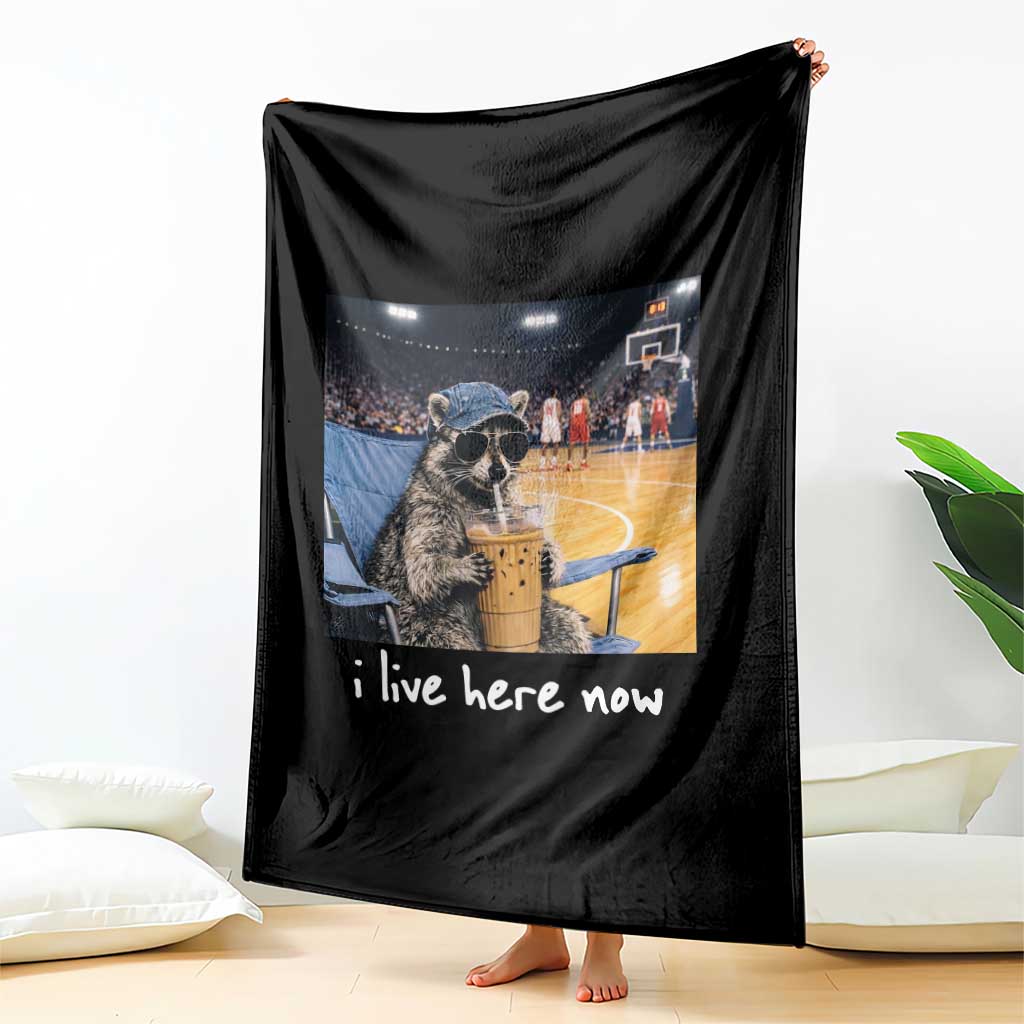 Basketball Raccoon I Live Here Now Throw Blanket Funny Trash Panda Drinking Iced Coffee Basketball Court