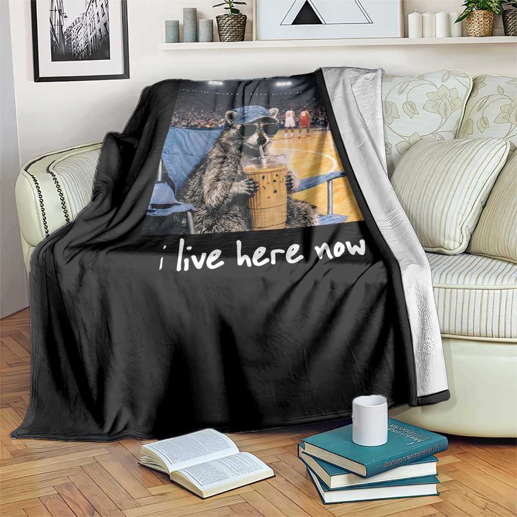 Basketball Raccoon I Live Here Now Throw Blanket Funny Trash Panda Drinking Iced Coffee Basketball Court