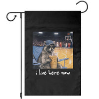 Basketball Raccoon I Live Here Now Garden Flag Funny Trash Panda Drinking Iced Coffee Basketball Court