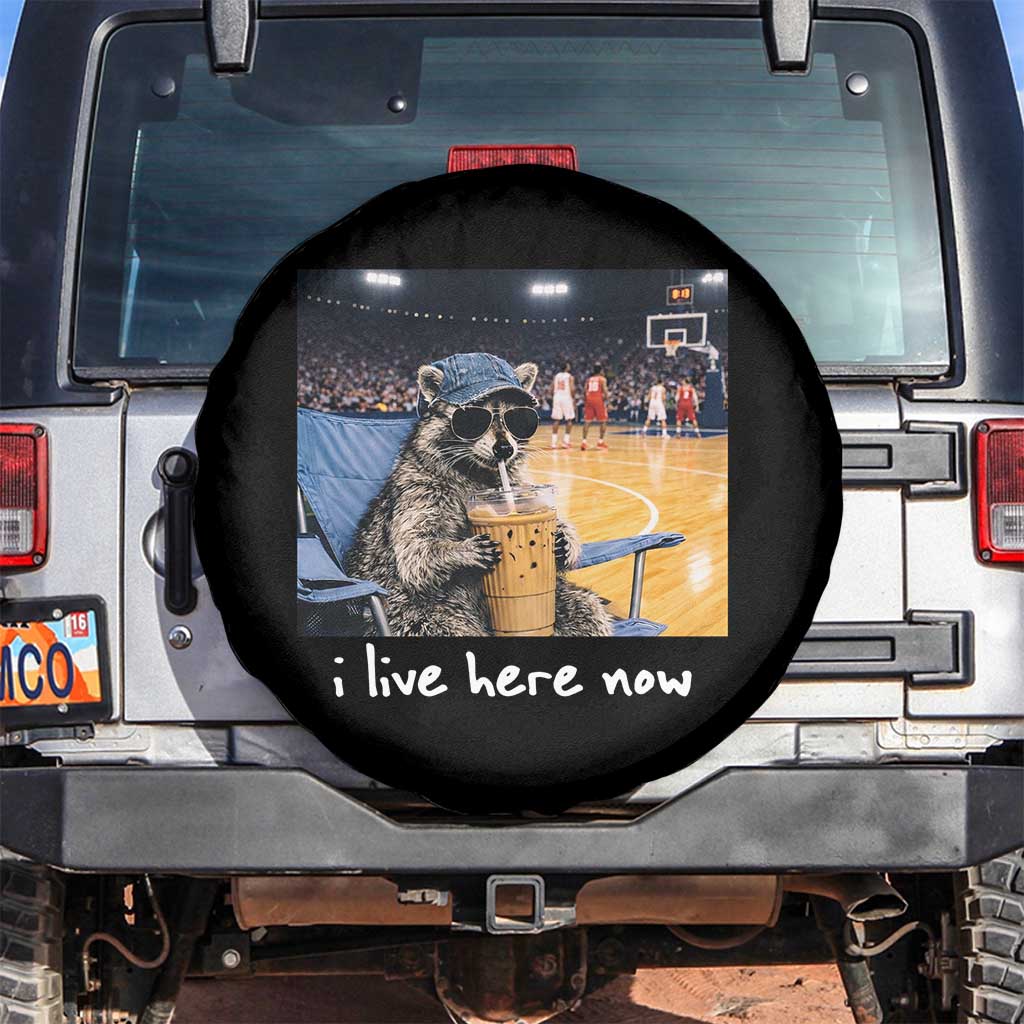 Basketball Raccoon I Live Here Now Spare Tire Cover Funny Trash Panda Drinking Iced Coffee Basketball Court