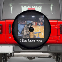 Basketball Raccoon I Live Here Now Spare Tire Cover Funny Trash Panda Drinking Iced Coffee Basketball Court