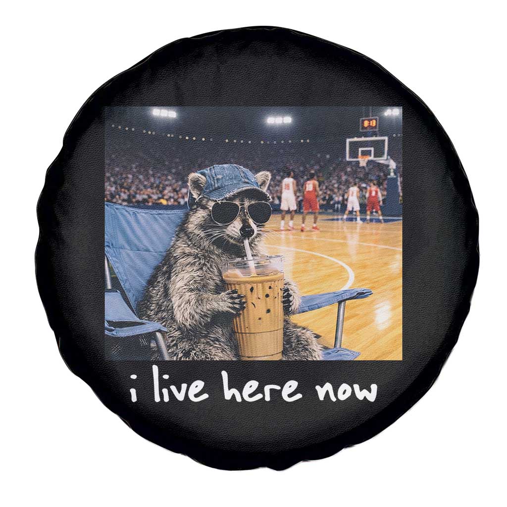 Basketball Raccoon I Live Here Now Spare Tire Cover Funny Trash Panda Drinking Iced Coffee Basketball Court