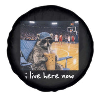 Basketball Raccoon I Live Here Now Spare Tire Cover Funny Trash Panda Drinking Iced Coffee Basketball Court