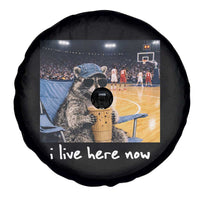 Basketball Raccoon I Live Here Now Spare Tire Cover Funny Trash Panda Drinking Iced Coffee Basketball Court
