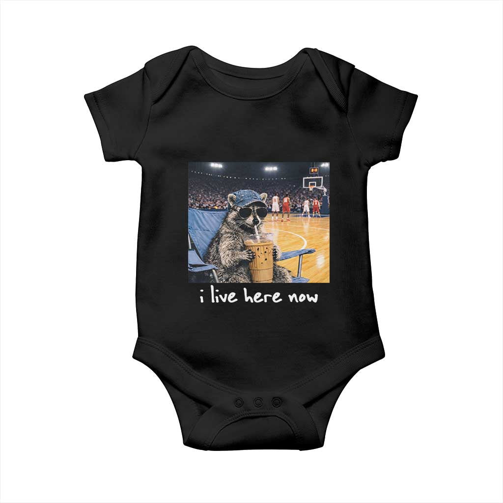 Basketball Raccoon I Live Here Now Baby Onesie Funny Trash Panda Drinking Iced Coffee Basketball Court