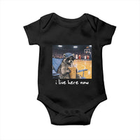 Basketball Raccoon I Live Here Now Baby Onesie Funny Trash Panda Drinking Iced Coffee Basketball Court