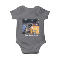 Basketball Raccoon I Live Here Now Baby Onesie Funny Trash Panda Drinking Iced Coffee Basketball Court