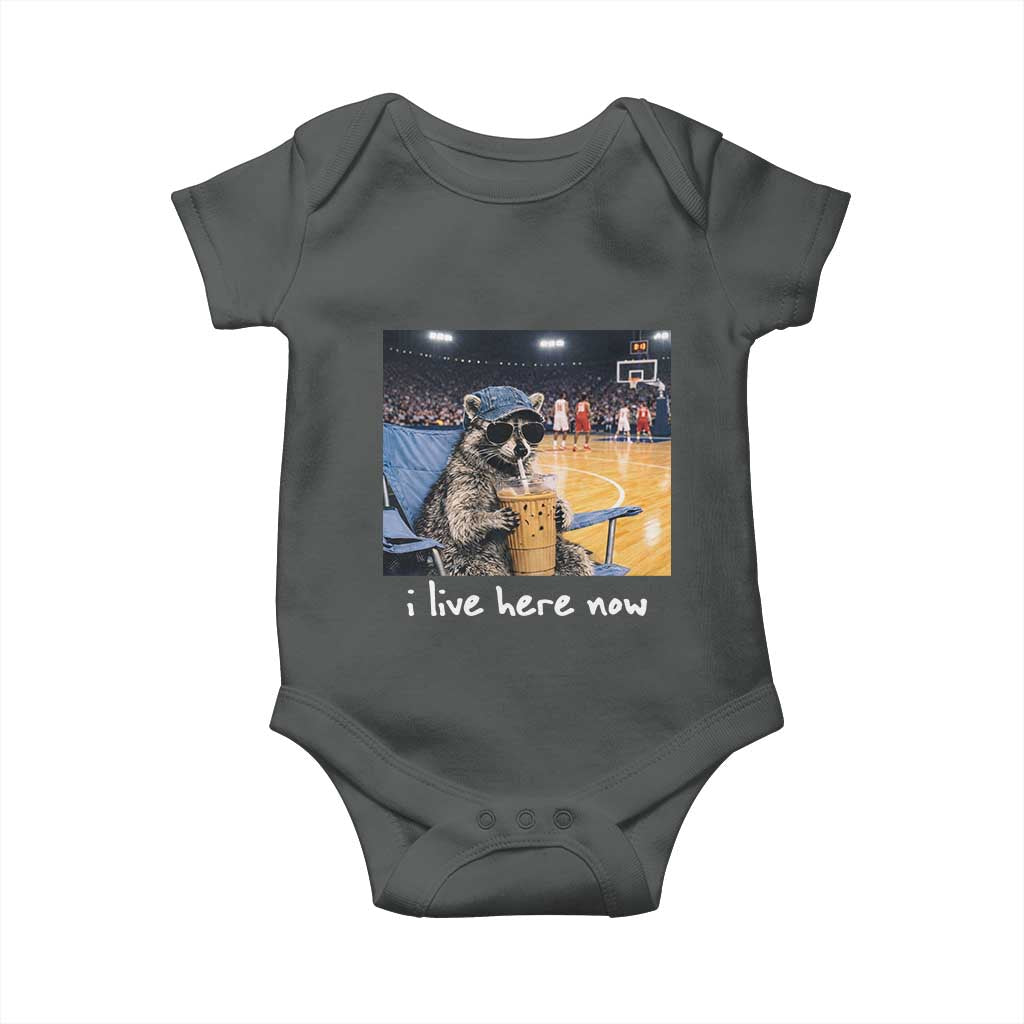Basketball Raccoon I Live Here Now Baby Onesie Funny Trash Panda Drinking Iced Coffee Basketball Court