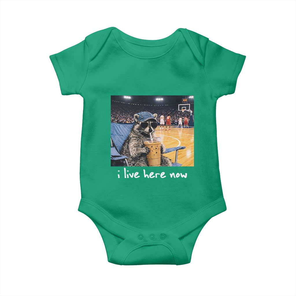 Basketball Raccoon I Live Here Now Baby Onesie Funny Trash Panda Drinking Iced Coffee Basketball Court