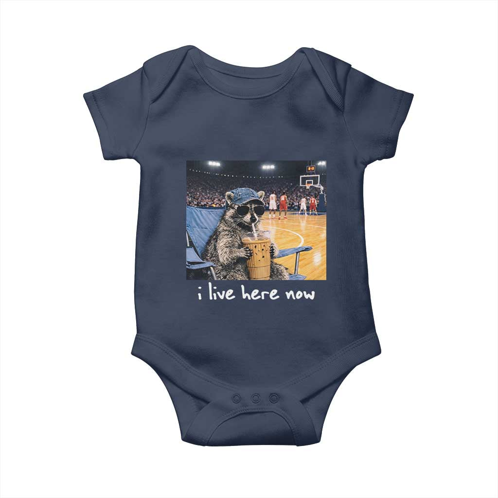 Basketball Raccoon I Live Here Now Baby Onesie Funny Trash Panda Drinking Iced Coffee Basketball Court