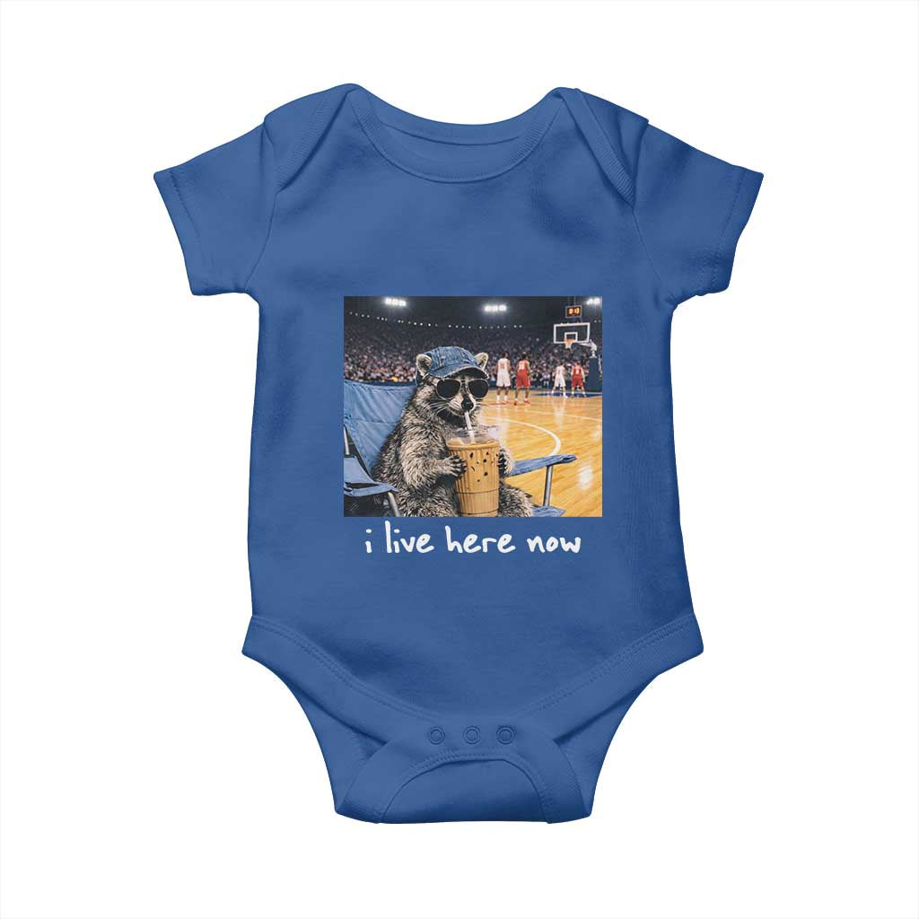Basketball Raccoon I Live Here Now Baby Onesie Funny Trash Panda Drinking Iced Coffee Basketball Court