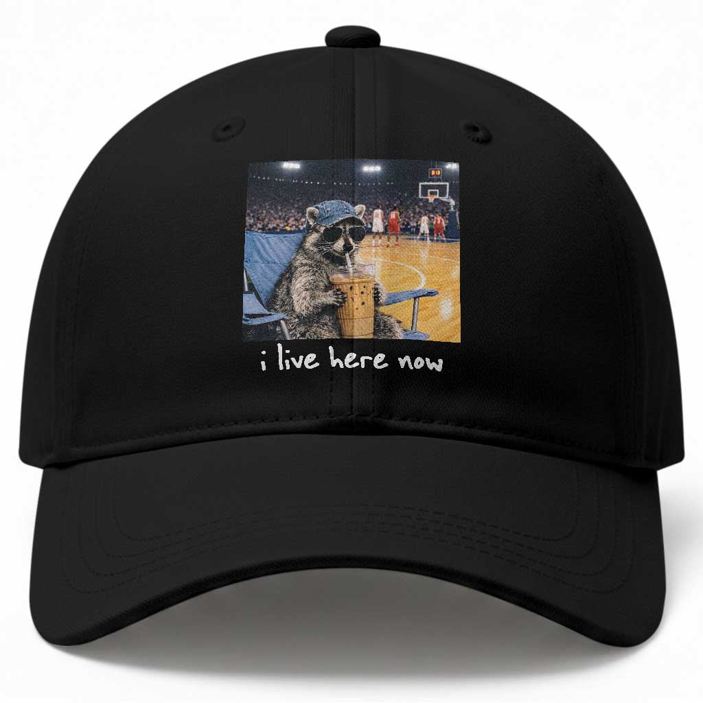 Basketball Raccoon I Live Here Now Baseball Cap Funny Trash Panda Drinking Iced Coffee Basketball Court
