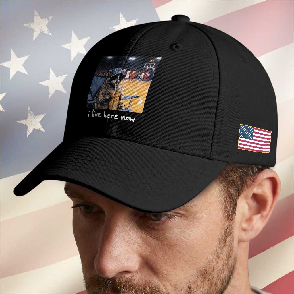 Basketball Raccoon I Live Here Now Baseball Cap Funny Trash Panda Drinking Iced Coffee Basketball Court