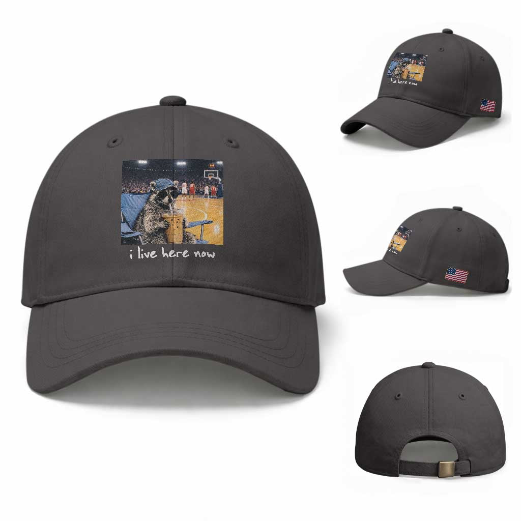 Basketball Raccoon I Live Here Now Baseball Cap Funny Trash Panda Drinking Iced Coffee Basketball Court