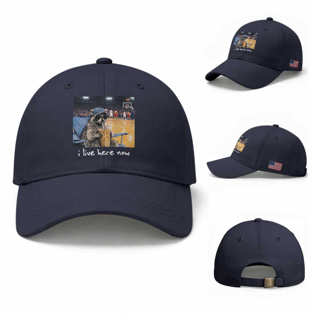 Basketball Raccoon I Live Here Now Baseball Cap Funny Trash Panda Drinking Iced Coffee Basketball Court