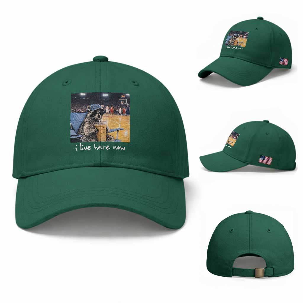 Basketball Raccoon I Live Here Now Baseball Cap Funny Trash Panda Drinking Iced Coffee Basketball Court