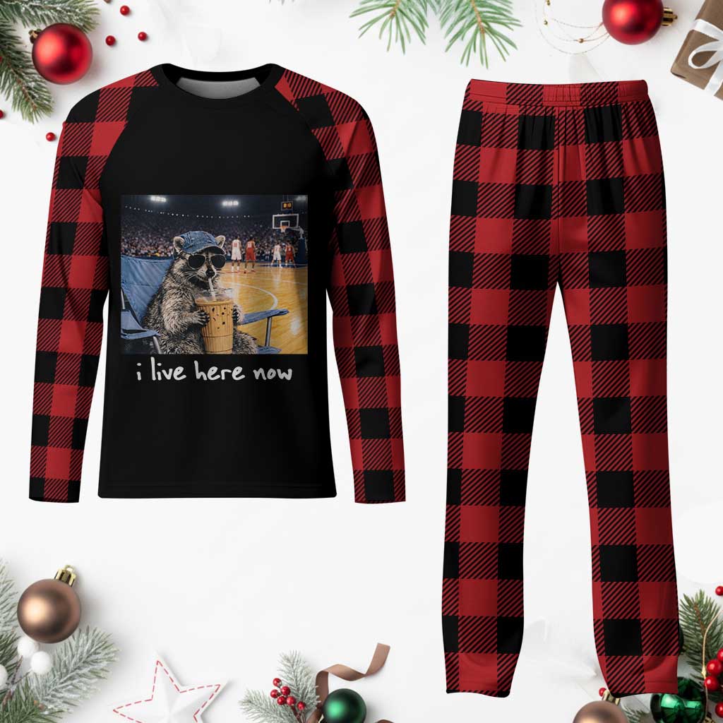 Basketball Raccoon I Live Here Now Plaid Pajama Set Funny Trash Panda Drinking Iced Coffee Basketball Court
