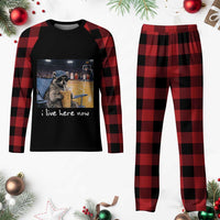 Basketball Raccoon I Live Here Now Plaid Pajama Set Funny Trash Panda Drinking Iced Coffee Basketball Court