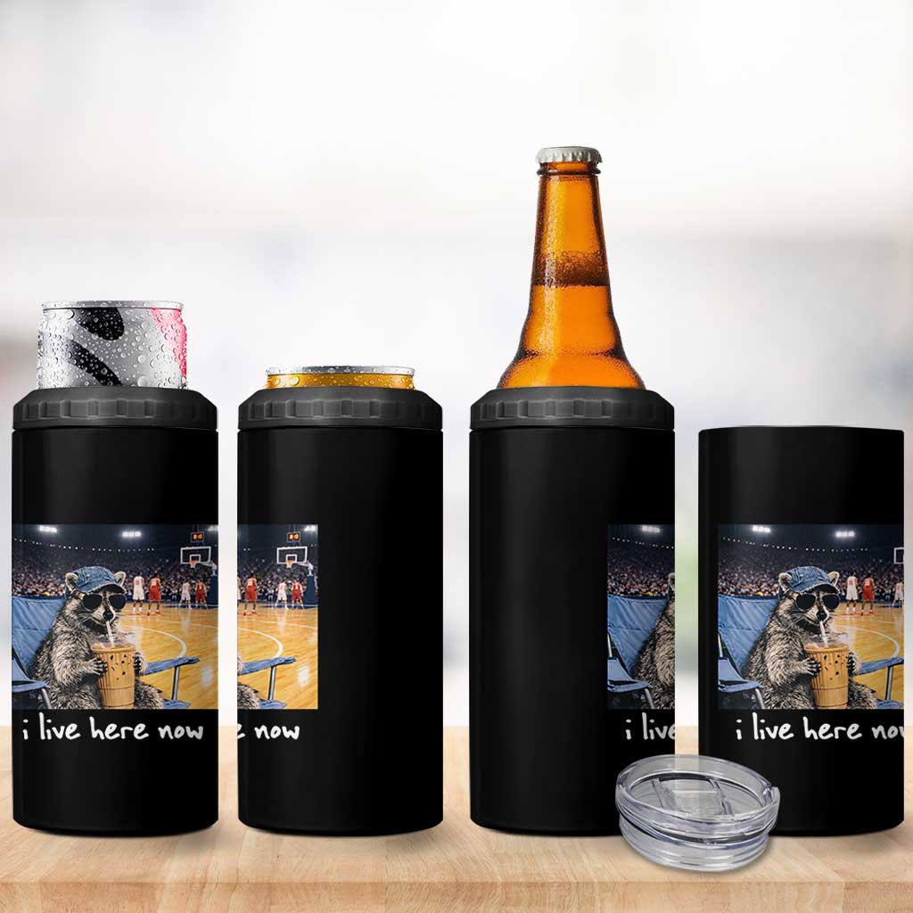 Basketball Raccoon I Live Here Now 4 in 1 Can Cooler Tumbler Funny Trash Panda Drinking Iced Coffee Basketball Court