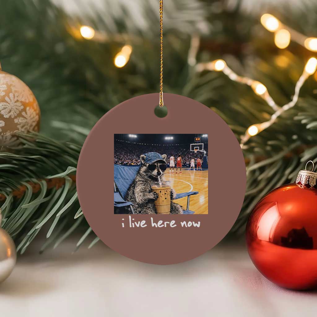 Basketball Raccoon I Live Here Now Ceramic Ornament Funny Trash Panda Drinking Iced Coffee Basketball Court