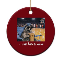 Basketball Raccoon I Live Here Now Ceramic Ornament Funny Trash Panda Drinking Iced Coffee Basketball Court