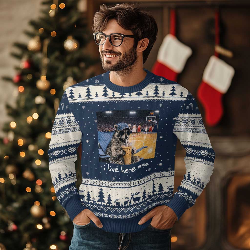 Basketball Raccoon I Live Here Now Ugly Christmas Sweater Funny Trash Panda Drinking Iced Coffee Basketball Court
