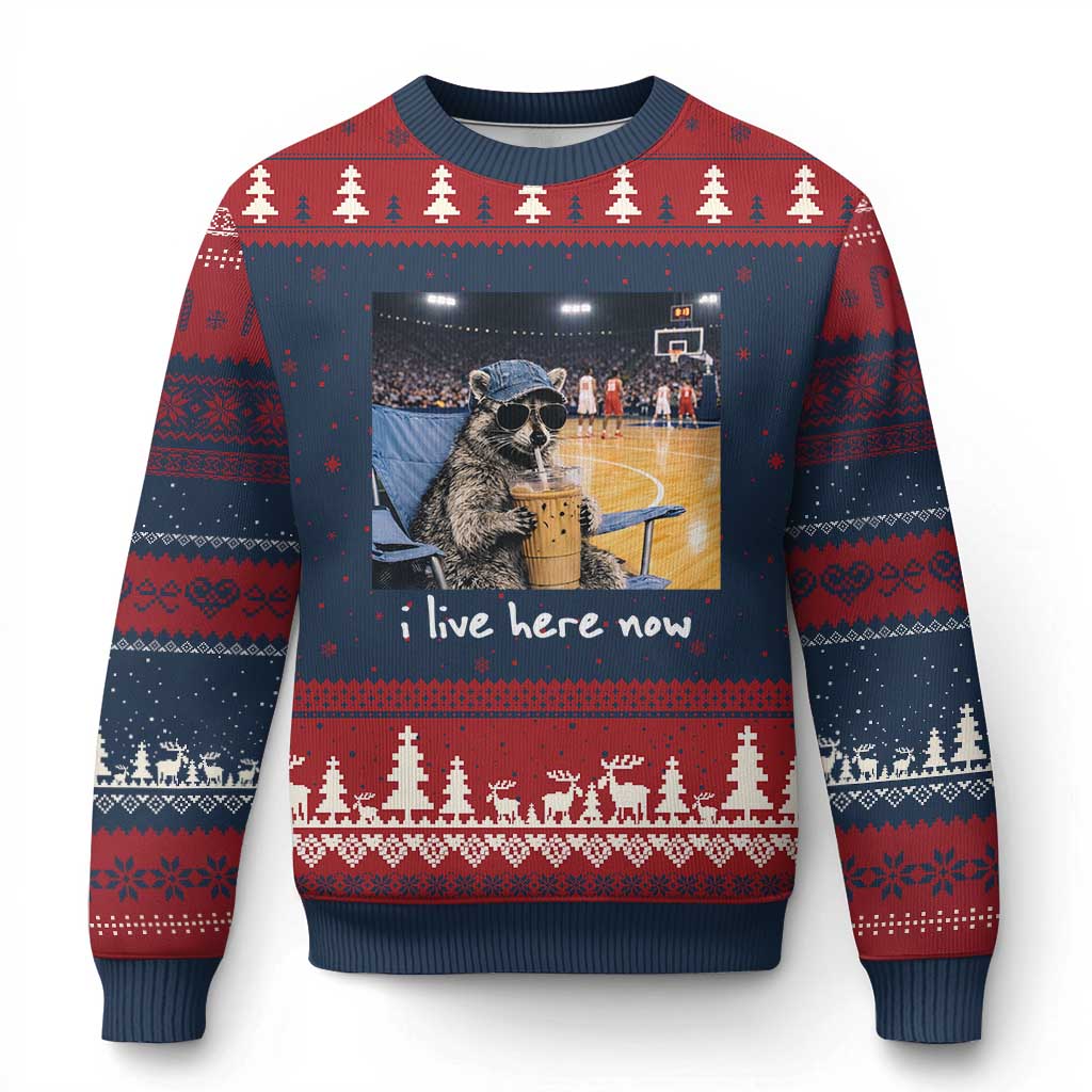Basketball Raccoon I Live Here Now Ugly Christmas Sweater Funny Trash Panda Drinking Iced Coffee Basketball Court