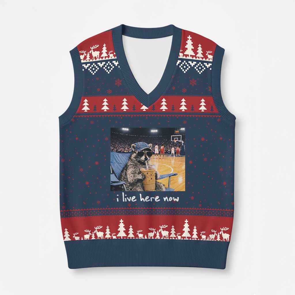 Basketball Raccoon I Live Here Now V-Neck Knit Sweater Vest Funny Trash Panda Drinking Iced Coffee Basketball Court