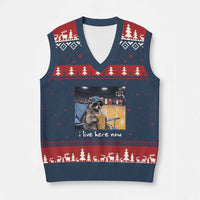 Basketball Raccoon I Live Here Now V-Neck Knit Sweater Vest Funny Trash Panda Drinking Iced Coffee Basketball Court