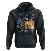 Basketball Raccoon I Live Here Now Hoodie Funny Trash Panda Drinking Iced Coffee Basketball Court