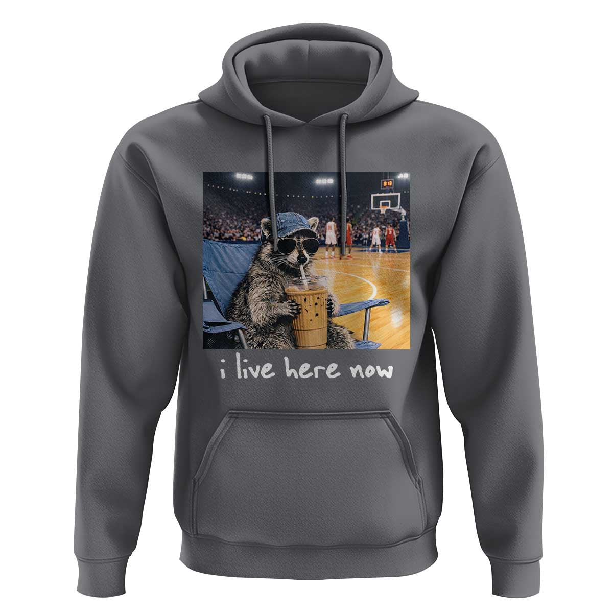 Basketball Raccoon I Live Here Now Hoodie Funny Trash Panda Drinking Iced Coffee Basketball Court
