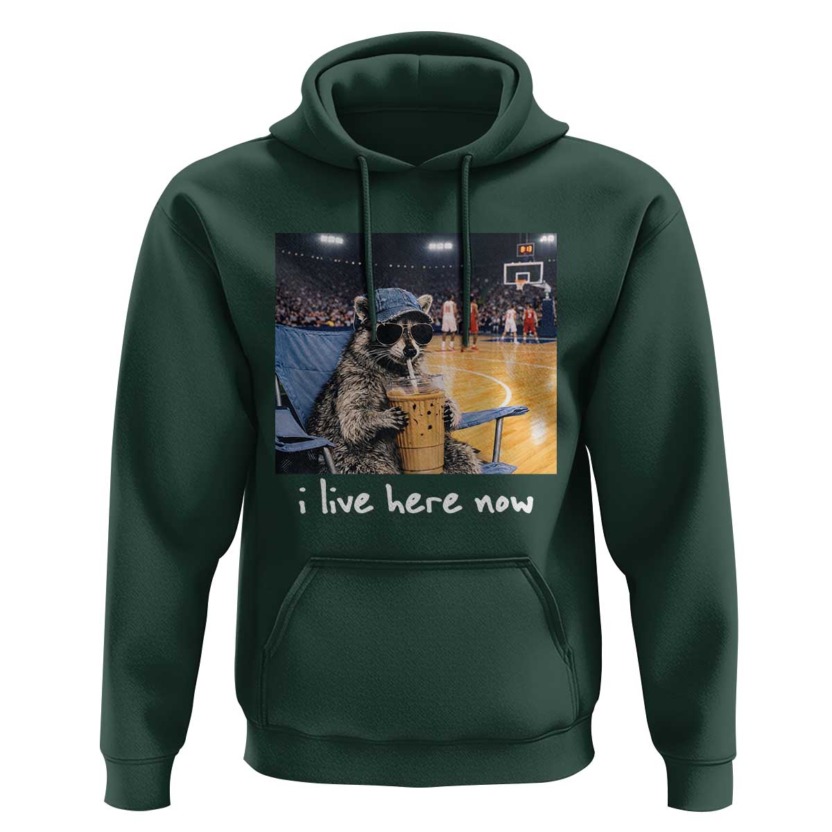 Basketball Raccoon I Live Here Now Hoodie Funny Trash Panda Drinking Iced Coffee Basketball Court