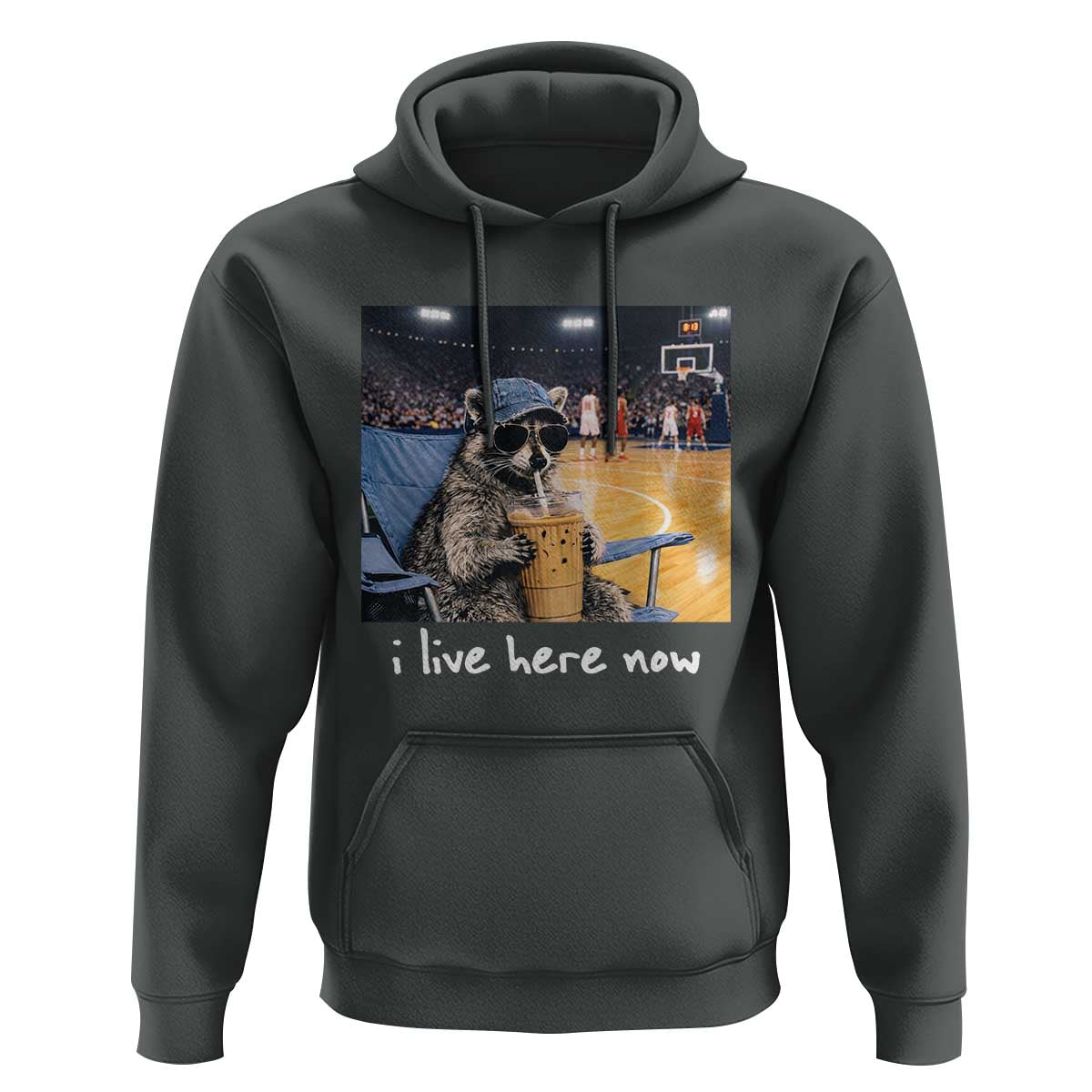 Basketball Raccoon I Live Here Now Hoodie Funny Trash Panda Drinking Iced Coffee Basketball Court