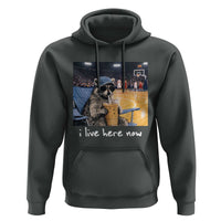 Basketball Raccoon I Live Here Now Hoodie Funny Trash Panda Drinking Iced Coffee Basketball Court