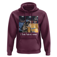 Basketball Raccoon I Live Here Now Hoodie Funny Trash Panda Drinking Iced Coffee Basketball Court