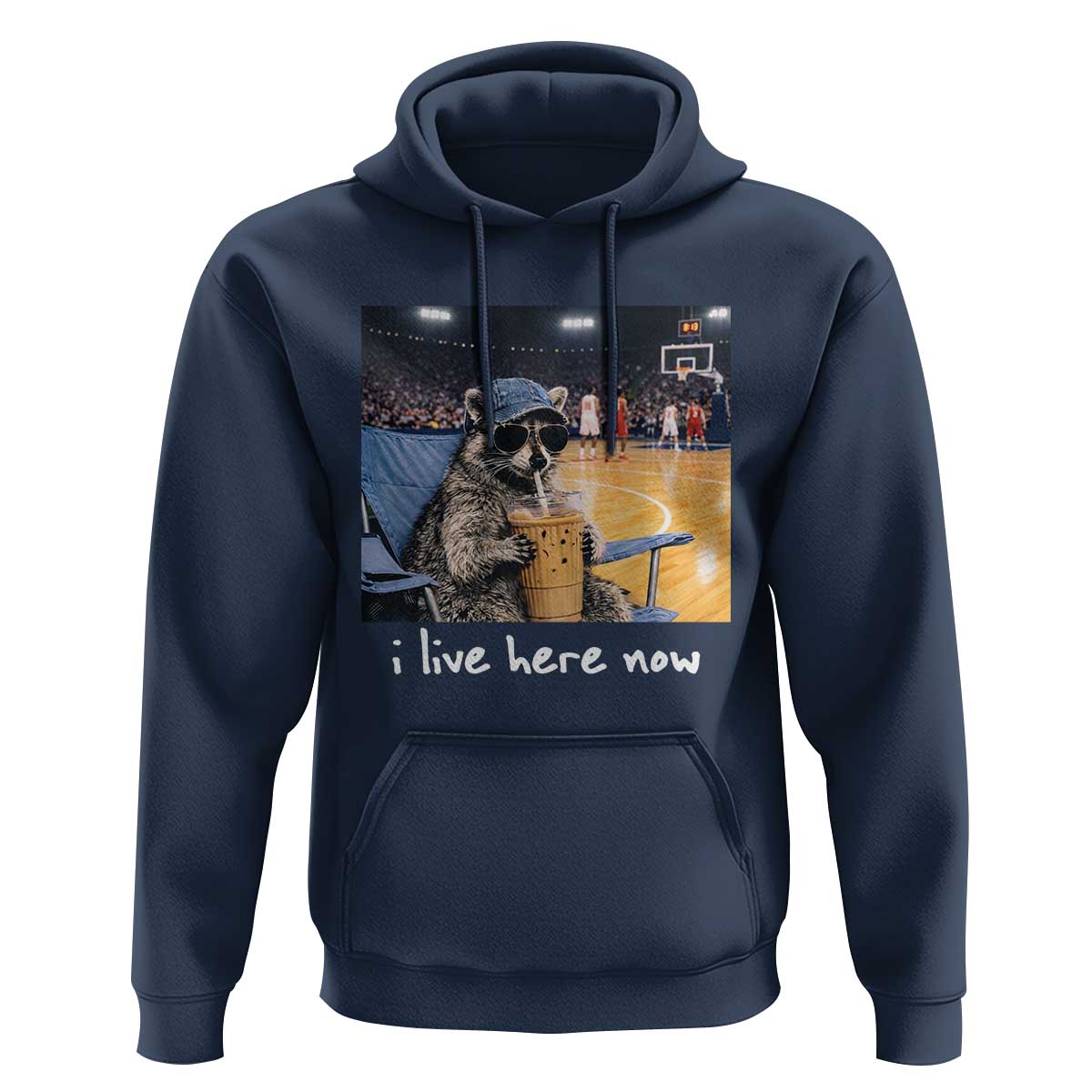 Basketball Raccoon I Live Here Now Hoodie Funny Trash Panda Drinking Iced Coffee Basketball Court