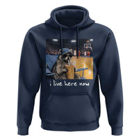 Basketball Raccoon I Live Here Now Hoodie Funny Trash Panda Drinking Iced Coffee Basketball Court