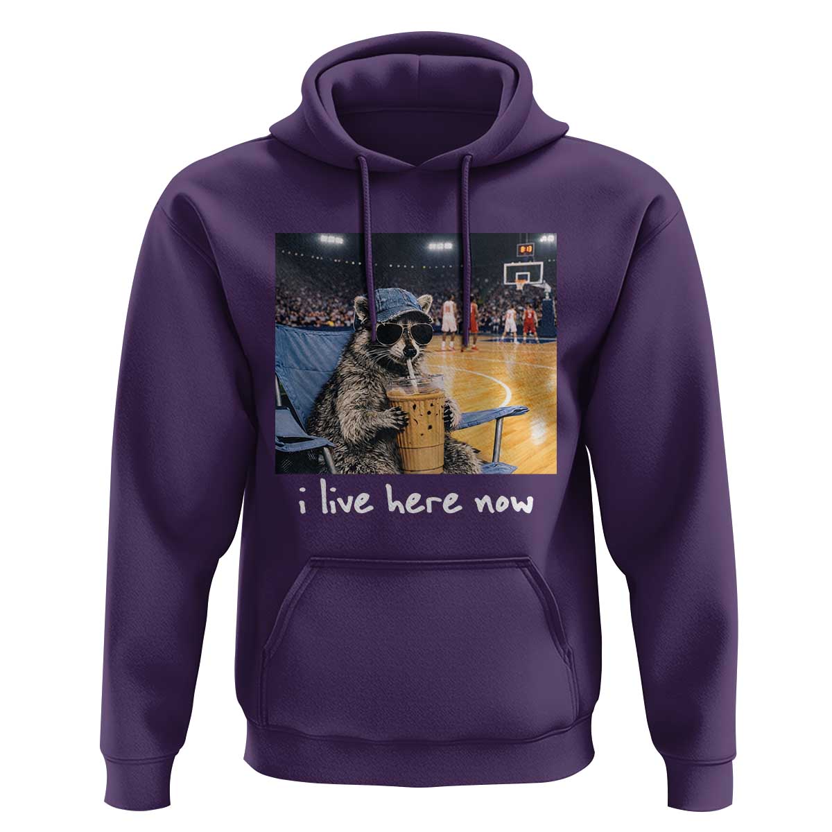 Basketball Raccoon I Live Here Now Hoodie Funny Trash Panda Drinking Iced Coffee Basketball Court