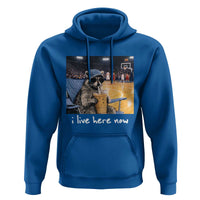 Basketball Raccoon I Live Here Now Hoodie Funny Trash Panda Drinking Iced Coffee Basketball Court