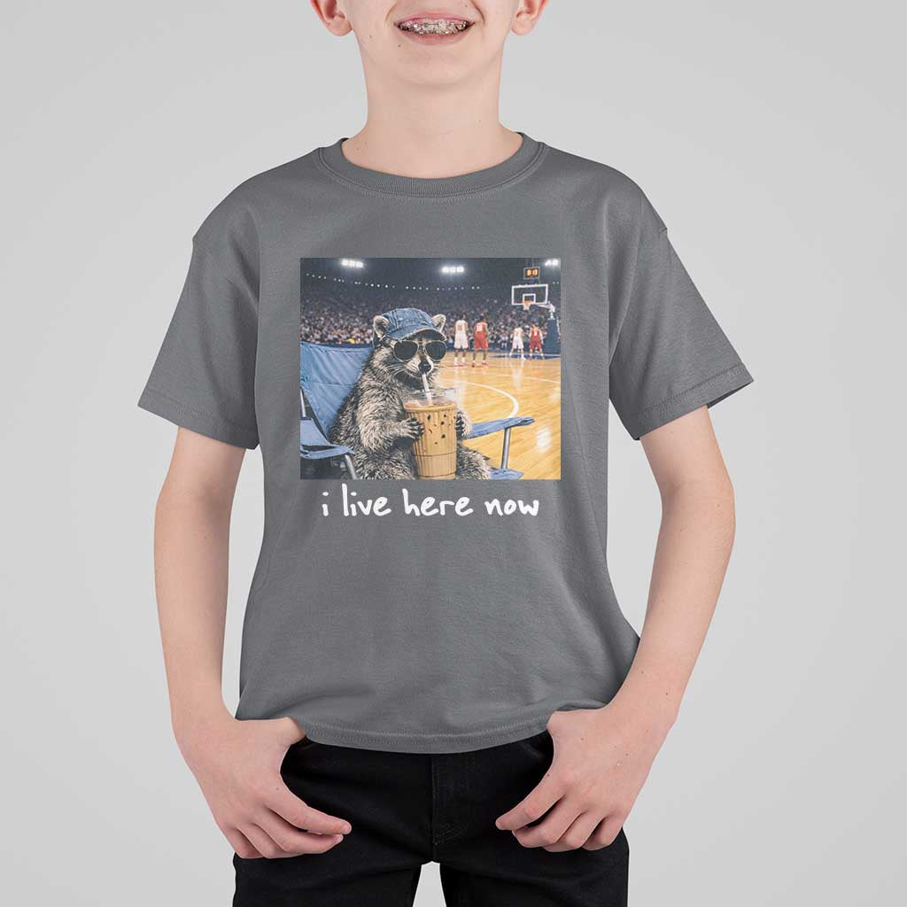 Basketball Raccoon I Live Here Now T Shirt For Kid Funny Trash Panda Drinking Iced Coffee Basketball Court