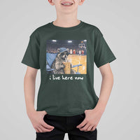 Basketball Raccoon I Live Here Now T Shirt For Kid Funny Trash Panda Drinking Iced Coffee Basketball Court