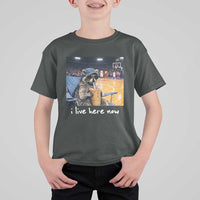 Basketball Raccoon I Live Here Now T Shirt For Kid Funny Trash Panda Drinking Iced Coffee Basketball Court