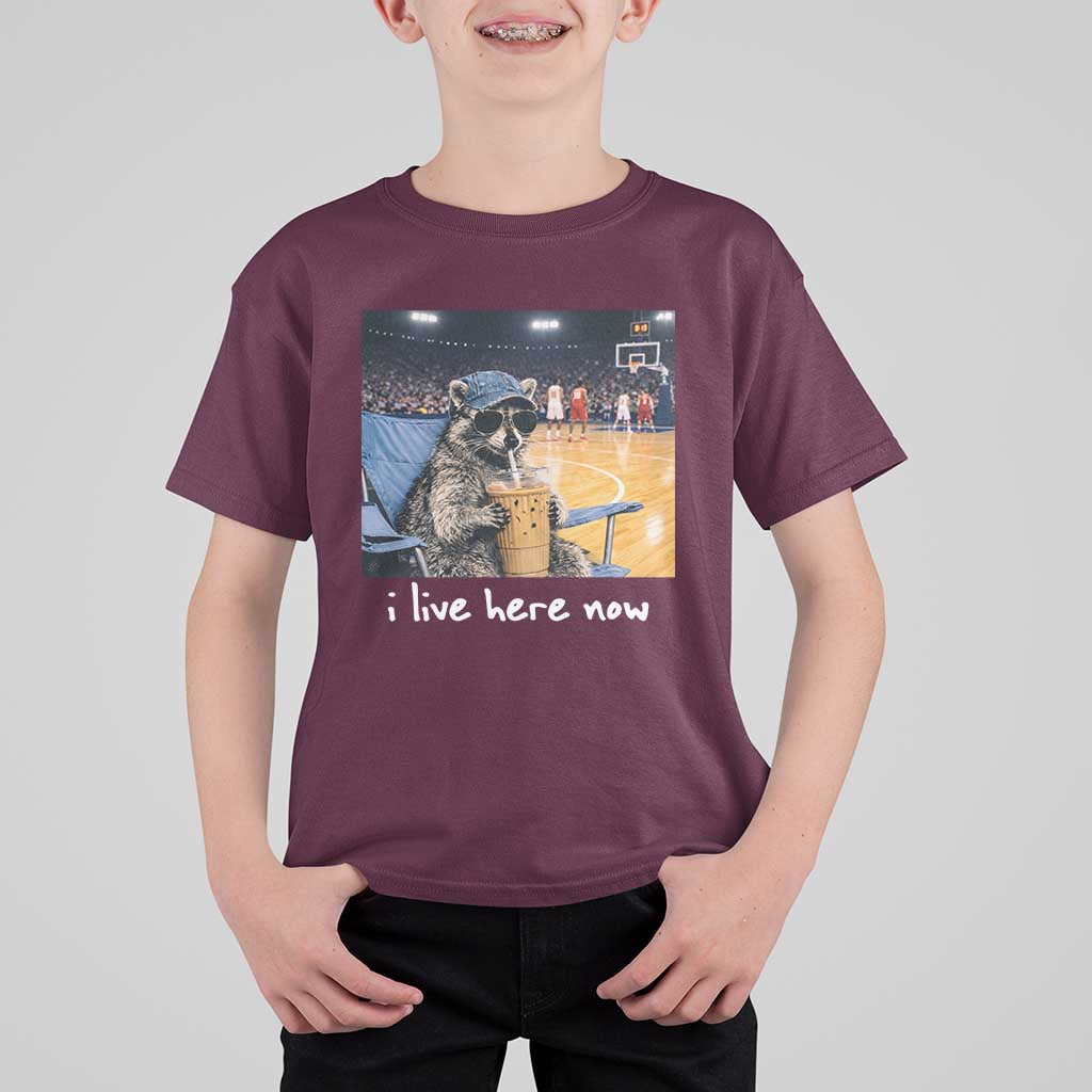 Basketball Raccoon I Live Here Now T Shirt For Kid Funny Trash Panda Drinking Iced Coffee Basketball Court