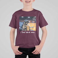 Basketball Raccoon I Live Here Now T Shirt For Kid Funny Trash Panda Drinking Iced Coffee Basketball Court