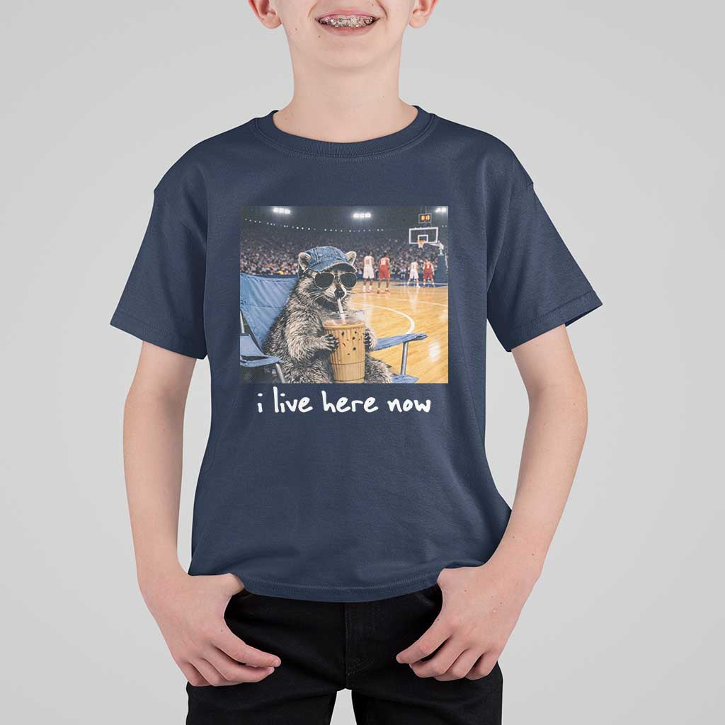 Basketball Raccoon I Live Here Now T Shirt For Kid Funny Trash Panda Drinking Iced Coffee Basketball Court