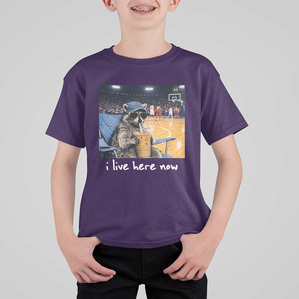 Basketball Raccoon I Live Here Now T Shirt For Kid Funny Trash Panda Drinking Iced Coffee Basketball Court