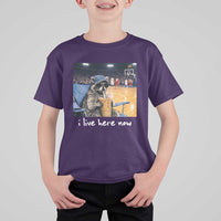 Basketball Raccoon I Live Here Now T Shirt For Kid Funny Trash Panda Drinking Iced Coffee Basketball Court