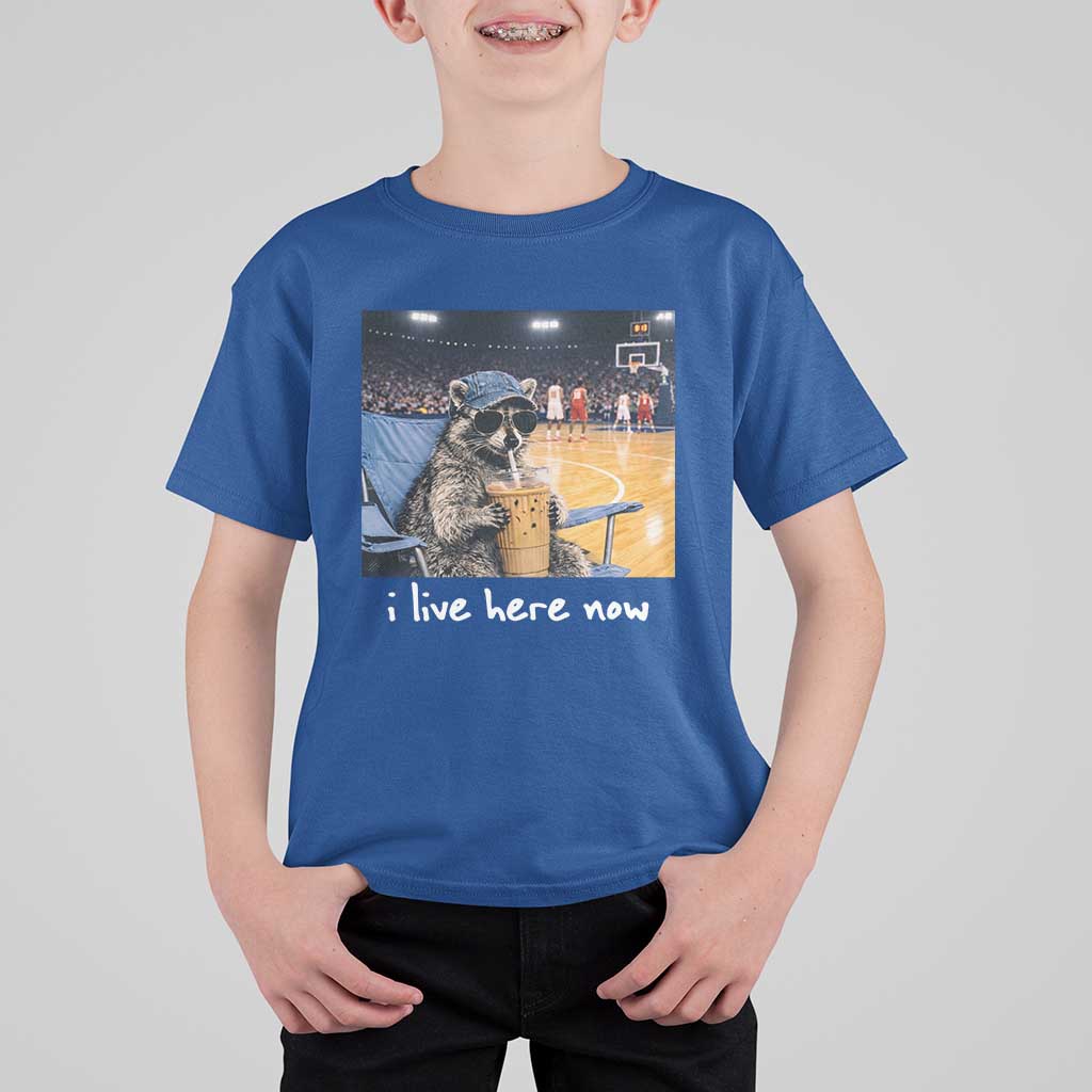 Basketball Raccoon I Live Here Now T Shirt For Kid Funny Trash Panda Drinking Iced Coffee Basketball Court